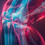 Abstract image of a knee joint, glowing in blue and red light.