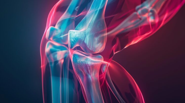 Abstract image of a knee joint, glowing in blue and red light.