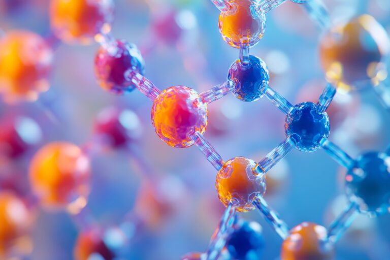 Close-up of block copolymer structure with distinct alternating polymer blocks, showing molecular arrangement. High-resolution, detailed textures, crisp focus
