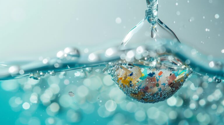 Close-up of microplastics floating in clear water, highlighting the environmental impact of plastic pollution in oceans and drinking water sources.