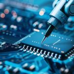 Close up of a robotic arm writing on a circuit board in a high tech microelectronics environment