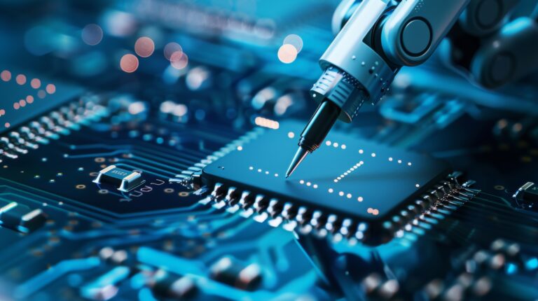 Close up of a robotic arm writing on a circuit board in a high tech microelectronics environment