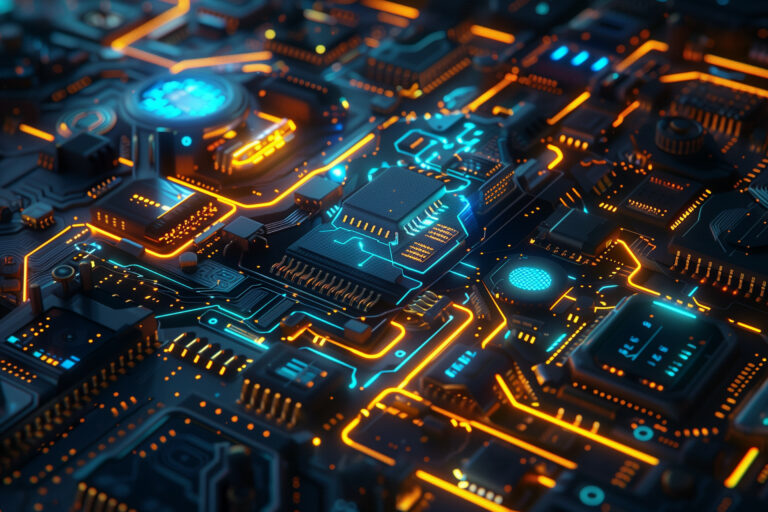 A highly detailed futuristic view of an illuminated circuit board featuring advanced technology and glowing elements in blue and orange hues