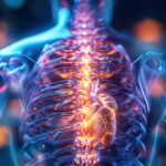 Abstract medical illustration of human anatomy with visible spinal cord and heart, showcasing glowing neural pathways and intricate details.