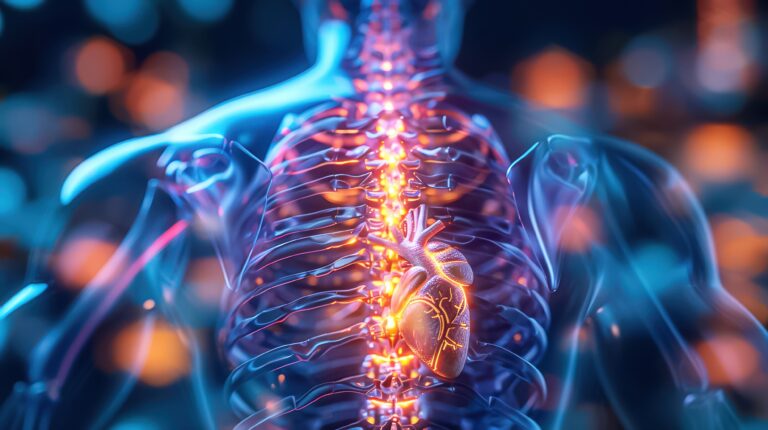 Abstract medical illustration of human anatomy with visible spinal cord and heart, showcasing glowing neural pathways and intricate details.