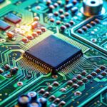 Close-up of electronic circuit board with various components and equations written in the background