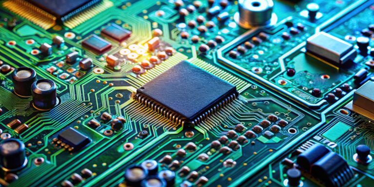 Close-up of electronic circuit board with various components and equations written in the background