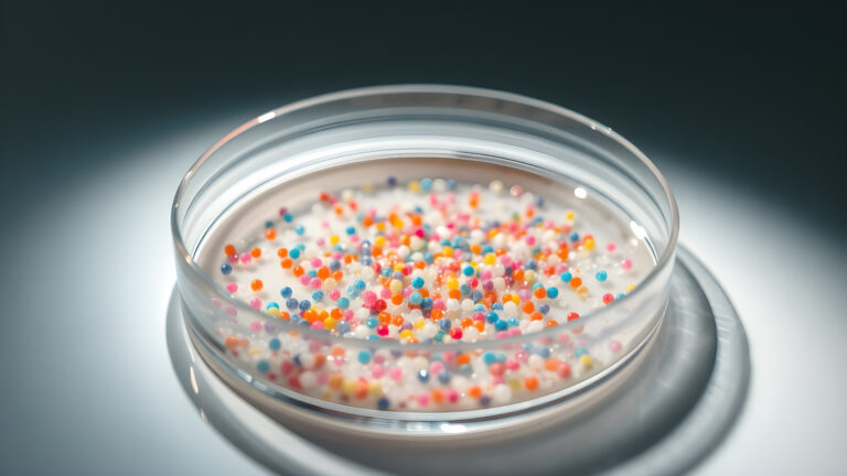 Macro shot of microplastics composition inside a lab petri dish. Concept of plastic pollution with nanoplastics.
