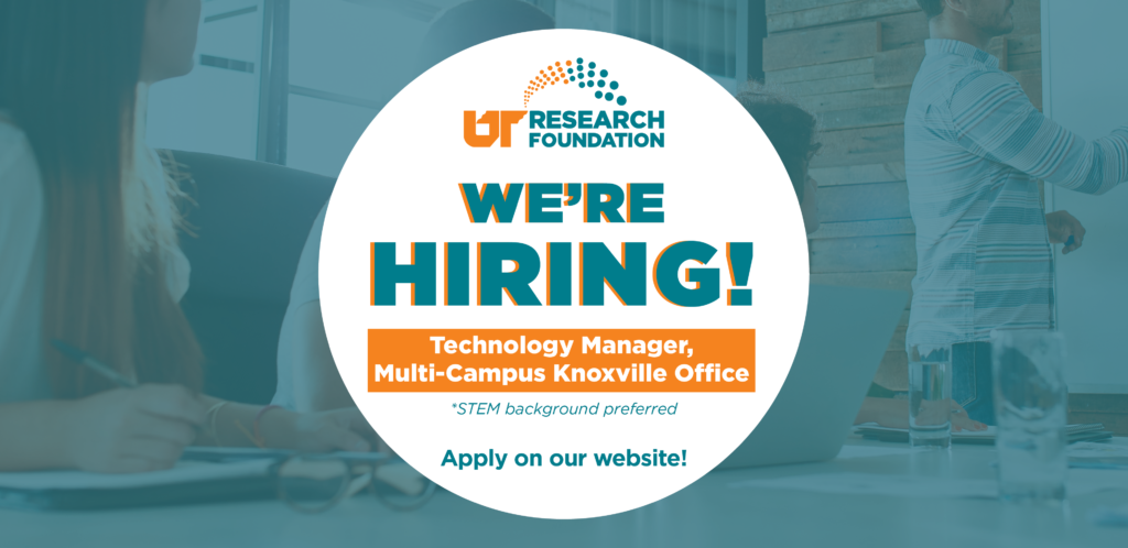 Text over photo of people at work. Text reads "We're hiring! Technology Manager, Multi-Campus Knoxville Office. *STEM background preferred. Apply on our website!"