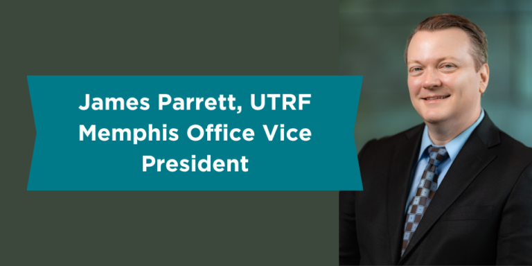 James Parrett's Vice President announcement cover image. Includes his headshot and the story title "UTRF Promotes James Parrett to Vice President of Memphis Office"