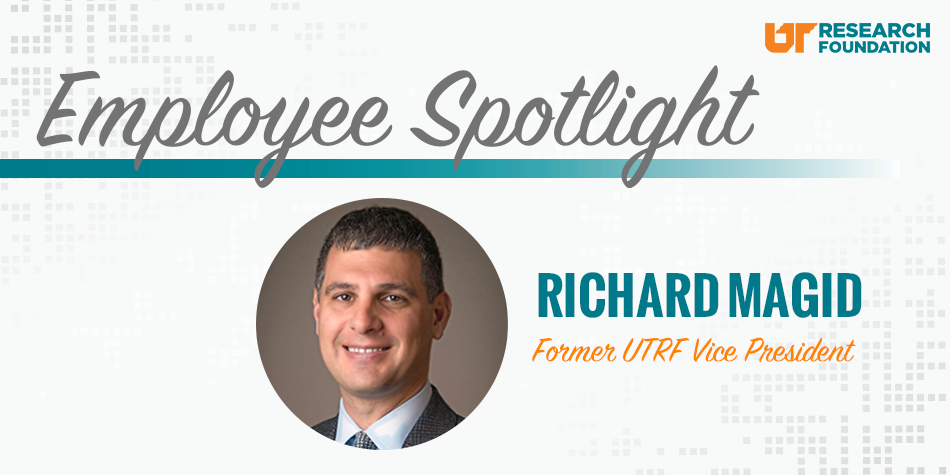 Graphic with circle image of man's headshot. Text reads "Employee Spotlight, Richard Magid, Former UTRF Vice President".