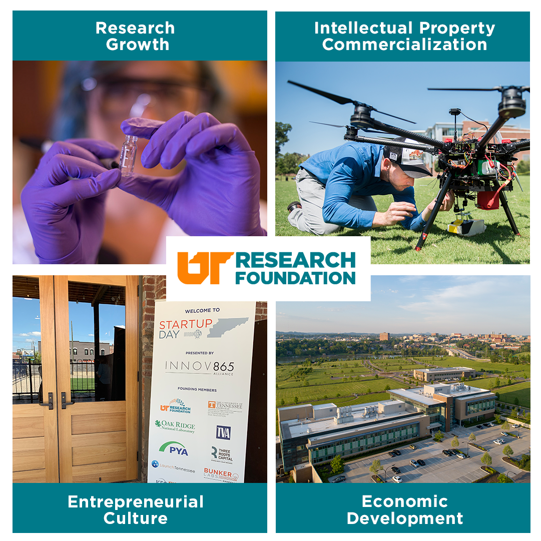Four quadrants of a photo highlighting UTRF's promotion of research growth (top left), intellectual property commercialization (top right), entrepreneurial culture (bottom left), and economic development (bottom right). 