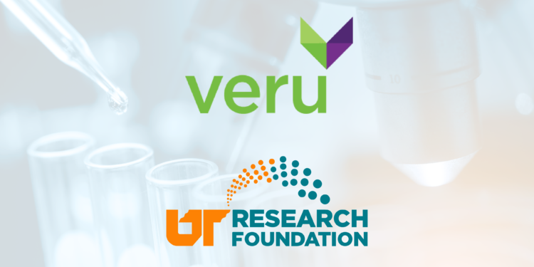 Image of microscope and test tubes with pipette. Logos over top of image say "Veru" and "UT Research Foundation"