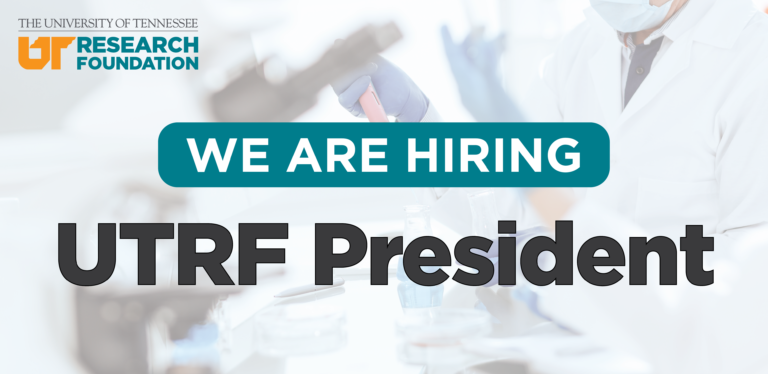 Graphic: Background of a laboratory, reads We Are Hiring: UTRF President